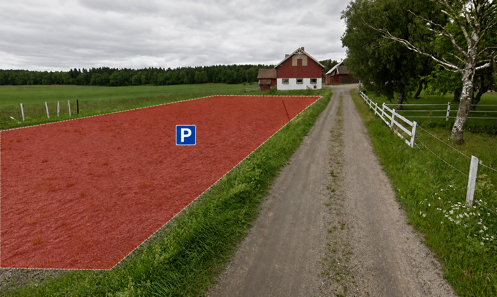 Parkeringsanvisningar vid gården med markerad ingång och parkering